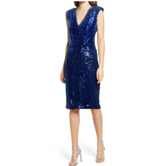 Eliza J. Navy Blue Sequin V Neck Fitted Sheath Midi Dress Women’s Size 10 NEW - Picture 1 of 13